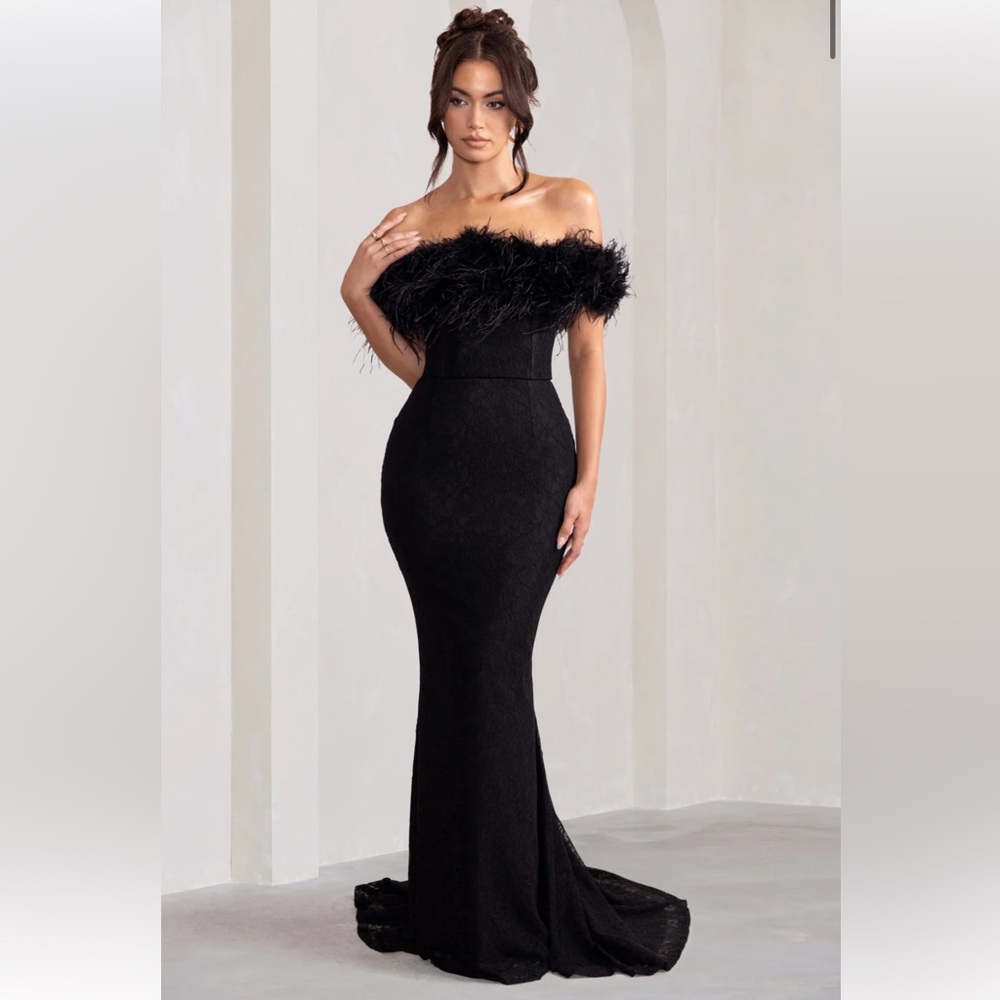 Club L London Idyll black lace Bardot feather fishtail maxi dress